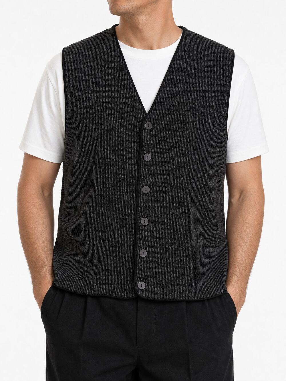 Jhane Barnes Mens Wool Blend Textured Button Front Sweater Vest Black Gray M